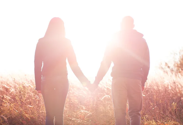 Feliz pareja joven jugando al parque descansando en verano y primavera, aire fresco disfrutar de los patios emocionales manos de cada uno — Foto de Stock