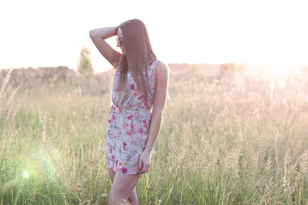 Campo menina bonita prado verde no parque de verão vestido delicado, desfrutando de lazer, estilo de moda, vida glamour, estudante em um dia ensolarado brilhante . — Fotografia de Stock