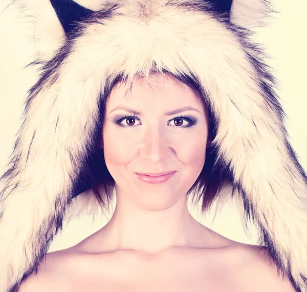Beautiful girl dog hat, smiling happy, joke winter naked woman with