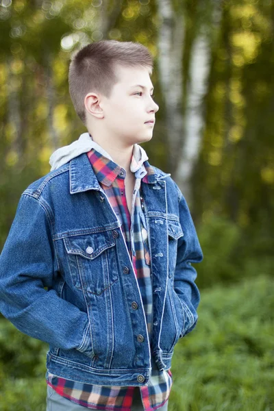 年轻的男孩站在公园草地上阳光灿烂的日子，牛仔裤夹克、 衬衫遥望远方 — 图库照片