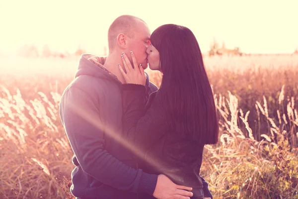 Jovem casal beijando no campo — Fotografia de Stock