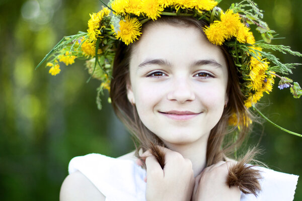 Beautiful little girl, outdoor, color bouquet flowers, bright sunny summer day  park meadow smiling happy enjoying life, schoolgirl, natural beauty