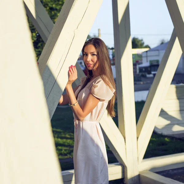 Retrato de una hermosa chica en vestido de pie en los pilares de madera descansando mirada, estilo de moda, vida urbana, en el parque de verano en un día soleado brillante. Negocio morena mujer al aire libre . — Foto de Stock