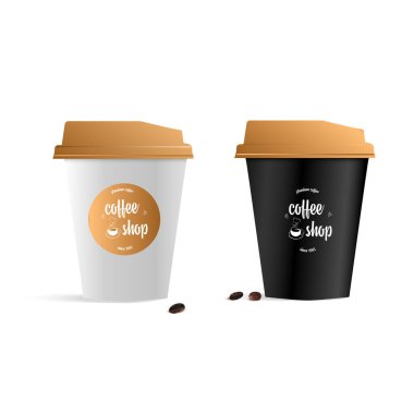 Markalaşma için içecek paketi tasarımı. Sade ve beyaz kahve fincanı. Logolu maket. Modern vektör illüstrasyonu 
