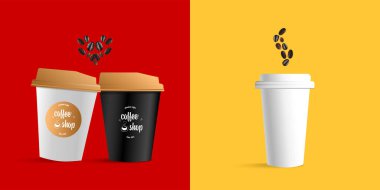 İçecek paketi markalaşma için tasarım konsepti. Kahve çekirdeğinden siyah beyaz kahve fincanı, paket, şeker, duman ve kalp sembolü. Modern vektör illüstrasyonu 