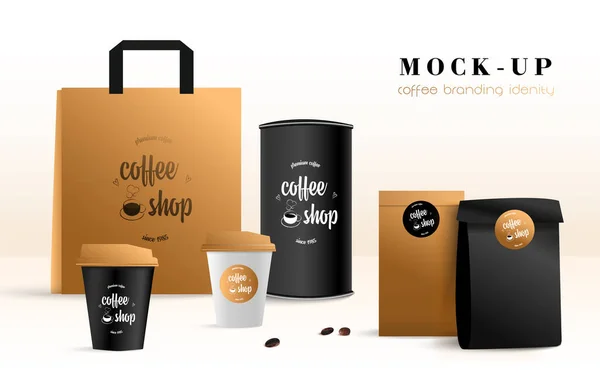 Realistic vector packaging coffee set. Packages, shopping bags, disposable coffee cup, takeaway packages on the table.Isolated blank mockup template for presentation and advertising. — Stock Vector