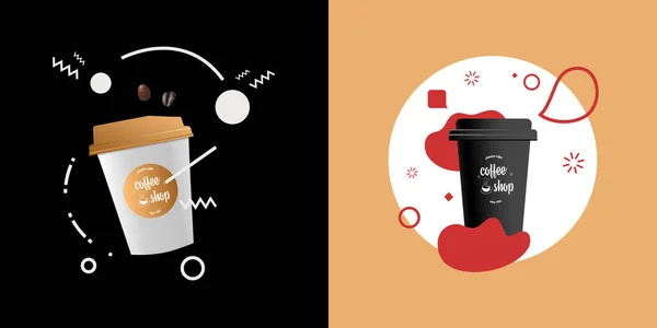 Italcsomag mockup design koncepció a márka. Fekete-fehér kávéscsésze, csomag, cukor. Modern vektor illusztráció — Stock Vector
