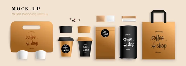 Stationery template design with coffee house elements. Package and cup. Mockup with logo. Modern vector illustration — Stock Vector