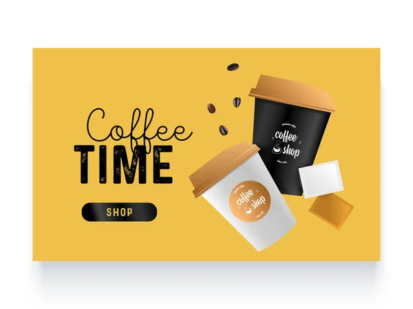 Beverage package design for branding, web banner. Black and white coffee disposable cups in the air. Paper Coffee Cup Mockup With Lid. Modern vector illustration with quote "Coffee time" — Stock Vector