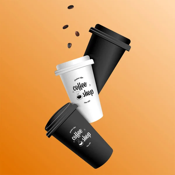 Beverage package mockup design for branding. Black and white coffee disposable cups in the air. Paper Coffee Cup Mockup With Lid. Three Cups. Modern vector illustration — Stock Vector