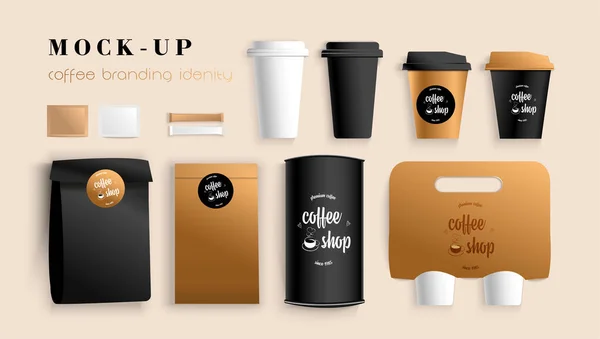 Beverage package mockup design for branding. Black and white coffee cup, package, holder, sugar. Mockup with logo. Modern vector illustration — Stock Vector