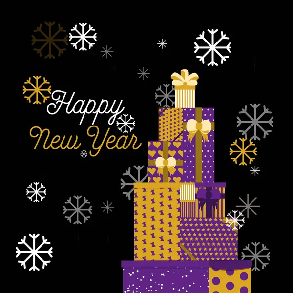 カラフルな紫色と金のパターンのギフトボックスのセットリボンと木の形でレイアウトクリスマスの休日のための弓 — ストックベクタ