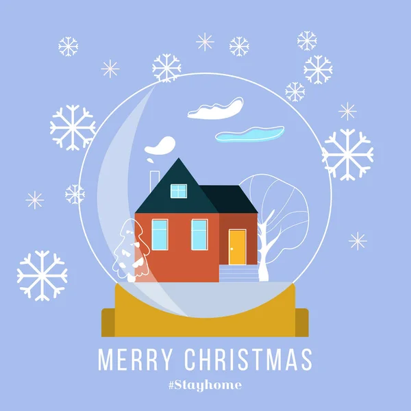 Sosyal medya kampanyası ve koronavirüsü önlemek için evde kalın. Kar küresi içinde evi olan bir poster. Kış. Noel tatili için tebrik kartı. — Stok Vektör