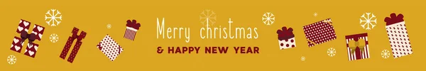 Luminoso banner web. Colorato viola e oro Pattern Gift Box con nastro e fiocco per le vacanze di Natale — Vettoriale Stock