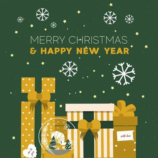 Greeting banner concept. Gift box, snowflake, snow globe, christmas tree ball. Modern flat illustration, trend color. — ストックベクタ