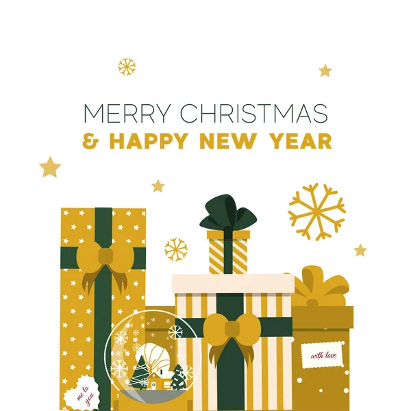 Web kare afişi. Renkli yeşil ve altın desenli hediye kutusu, bayram indirimi için kurdele ve fiyonk ile. İş konsepti tebrik kartı. Modern vektör illüstrasyonu.