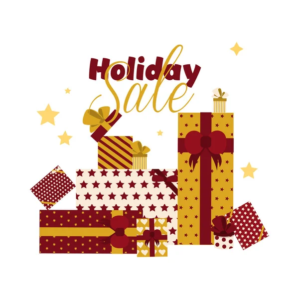 Web kare afişi. Renkli kırmızı ve altın desenli hediye kutusu, bayram indirimi için kurdele ve fiyonk ile. Sevgililer günü, yıldönümü, kadınlar bayramı, anneler günü..