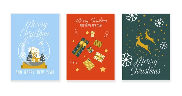 Set von vertikalen Bannern für Feiertage. Geschenkbox, Schneeflocke, Schneekugel, Rentier. Moderne flache Illustration, Trendfarbe. — Stockvektor