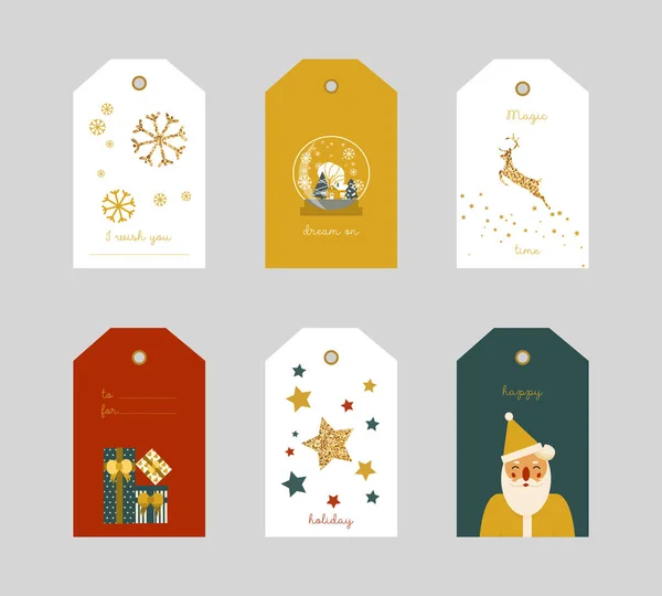 Vector simple diseño plano Navidad saludos elementos. Etiquetas de Navidad con tipografía e icono de colores, caja de regalo, Santa Claus, renos, copos de nieve y estrellas. Textura dorada. — Archivo Imágenes Vectoriales