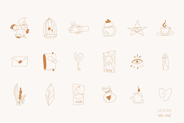 Gizemli simgeler izole vektör seti anahtar, fincan, kitap, kristal, mum, şifalı bitkiler, hücre, şişe, tarot kartları içerir