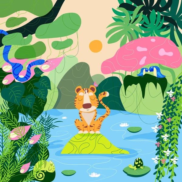 Ormandaki vahşi hayvanlar. Flora ve Tropics Fauna. Düz çizgi film renkli vektör çizimi.