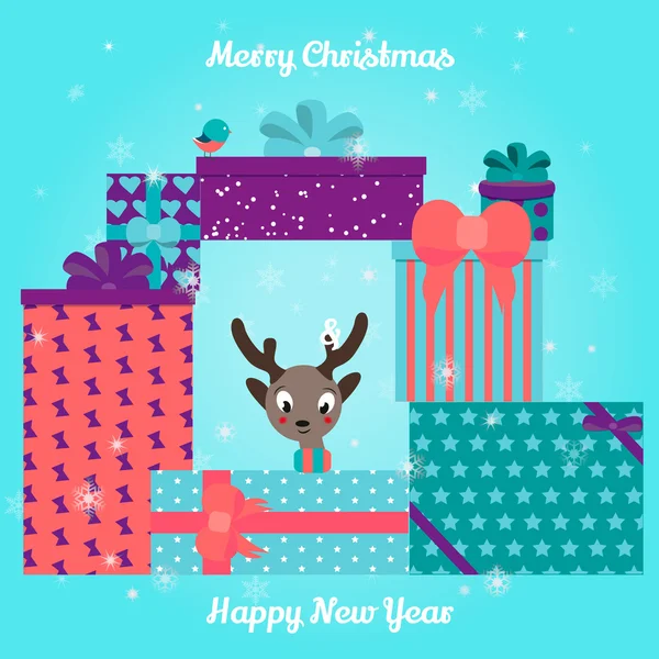 Christmas and New Year Greeting card. Deer head with gifts and Christmas background and funny bird. — Stock Vector