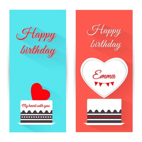 Set di banner di auguri di compleanno verticale con torta. Design piatto . — Vettoriale Stock