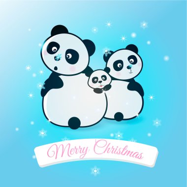 Mutlu aile pandalar kar tanesi yakalamak. Vektör çizim. Noel Kartpostalı.