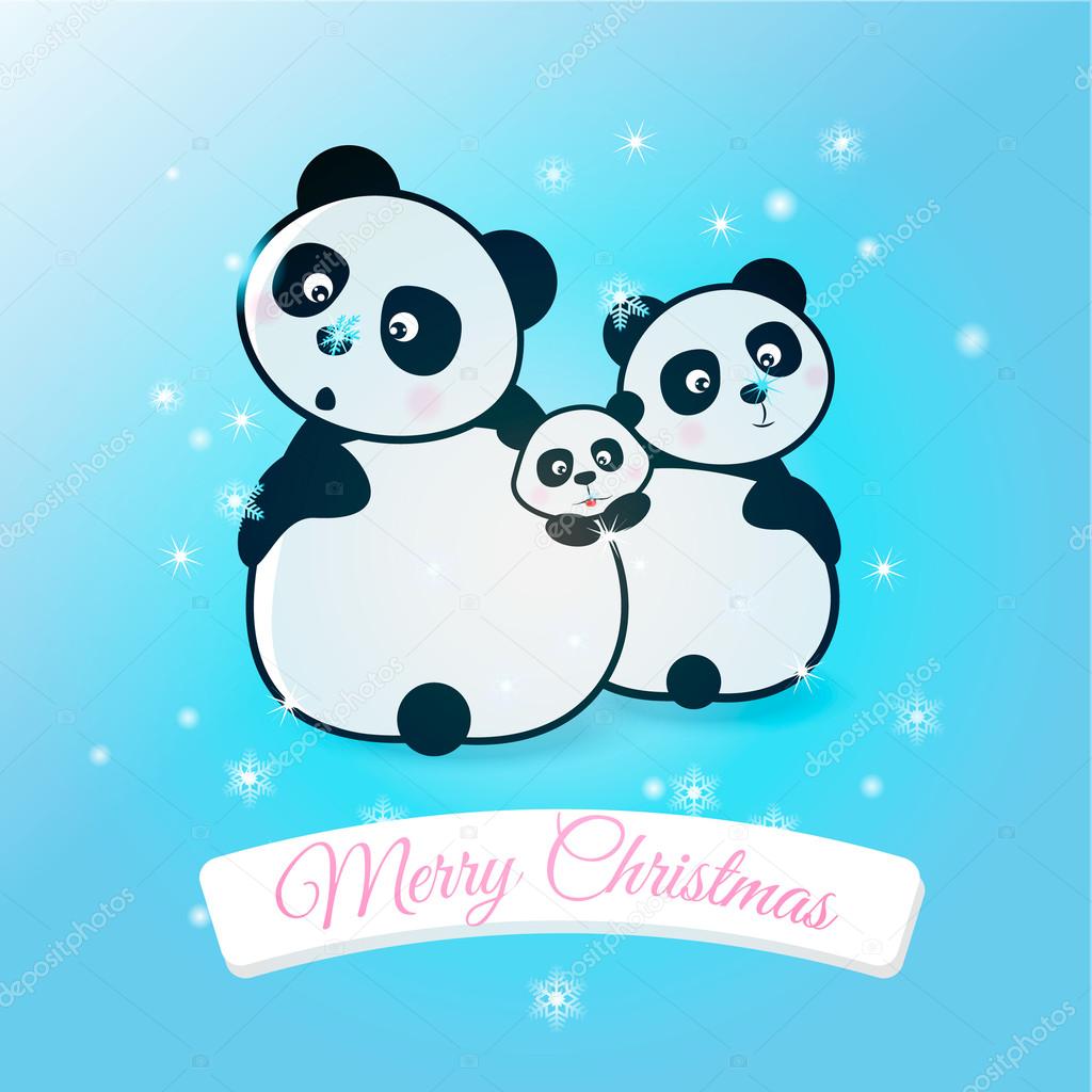 Happy family  pandas catch snowflake. Vector illustration. Christmas postcard.
