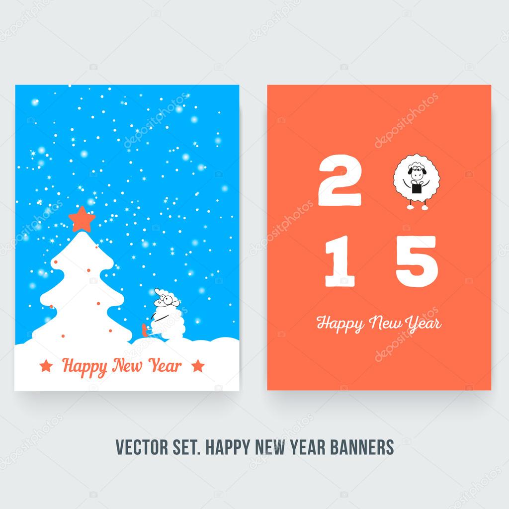 Set of vertical banners. Scene in the winter forest with Christmas tree and sheep and Happy sheep on new year card 2015.