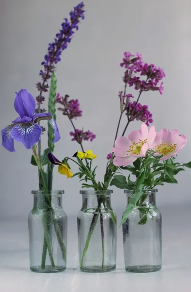 Tres botellas de vidrio con flores — Foto de Stock