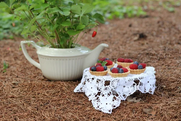 Té de la tarde - té y cupcakes con frutas silvestres del bosque — Foto de Stock