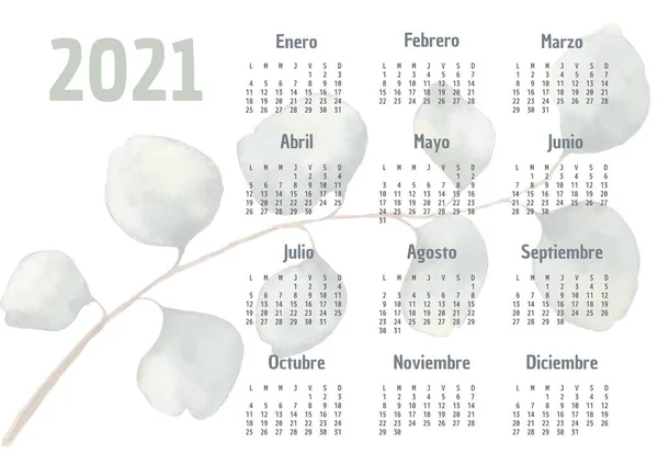 2021 Calendario Español Con Dibujo Una Hoja Acuarela — Foto de Stock