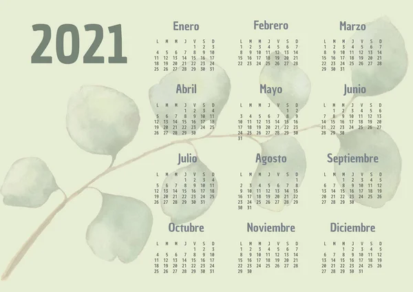 2021 Calendario Español Con Dibujo Una Acuarela Dejar Sobre Fondo — Foto de Stock