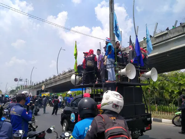 Bekasi Indonézia 2020 Október Utcai Tüntetéseket Szervező Munkavállalók — Stock Fotó