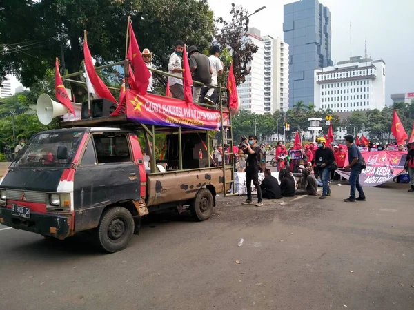 Monas Jakarta Endonezya Ekim 2020 Omnibus Yasasına Karşı Bir Gösterinin — Stok fotoğraf