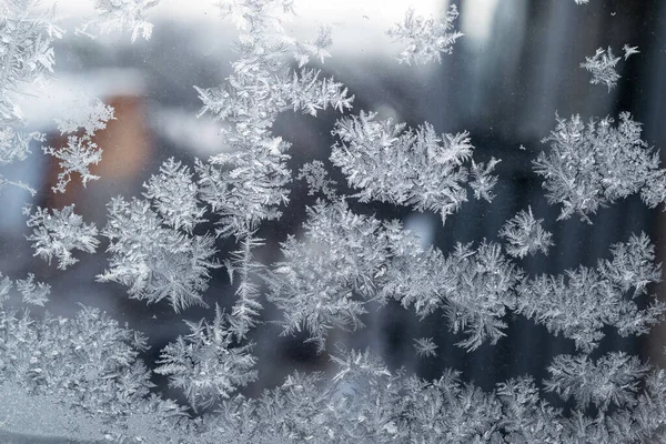Красиві Снігові Візерунки Водяні Прикраси Прозорому Склі Різдвяні Сніжинки — стокове фото