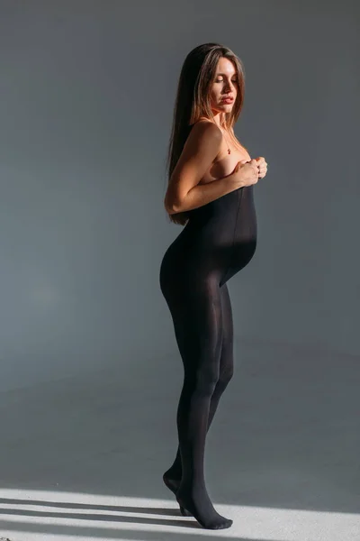 Young Girl Long Hair Pregnant Studio White Background Black Lingerie — Stock Photo, Image