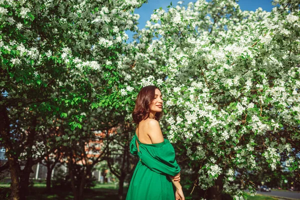 Una Joven Hermosa Niña Encuentra Parque Bajo Manzano Flor Con — Foto de Stock