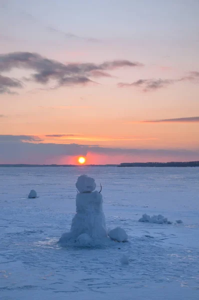 Puesta Sol Invierno Hielo Del Río Volga Samara Rusia —  Fotos de Stock