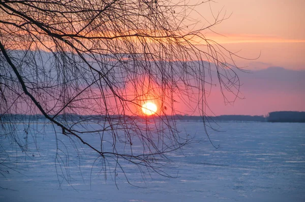 Puesta Sol Invierno Hielo Del Río Volga Samara Rusia —  Fotos de Stock