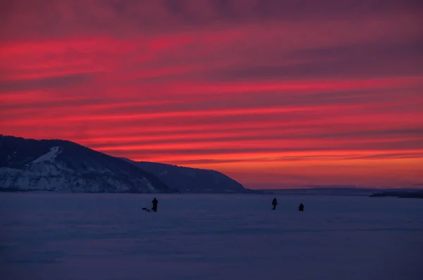 Rusya 'nın Samara bölgesindeki Volga nehrinin buzunda kış günbatımı