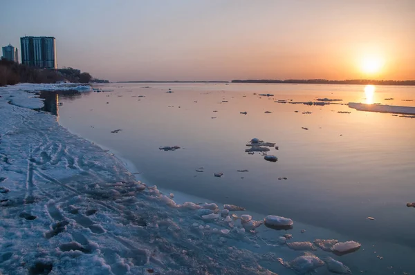 Дуже Гарний Льодовиковий Дрейф Волзі Місті Самара Росія — стокове фото