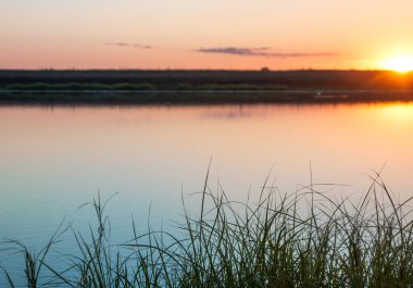 Rusya 'nın Bashkortostan cumhuriyetinde, Agidel' de küçük bir nehirde güzel bir gün batımının tadını çıkarıyorum.