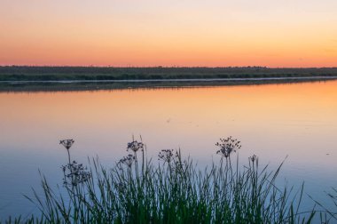 Rusya 'nın Bashkortostan cumhuriyetinde, Agidel' de küçük bir nehirde güzel bir gün batımının tadını çıkarıyorum.