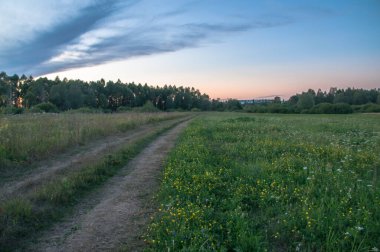 Rusya 'nın Bashkortostan cumhuriyetinin Agidel kasabasındaki küçük nehrin yakınındaki bir ormanda günbatımının tadını çıkarıyorum.