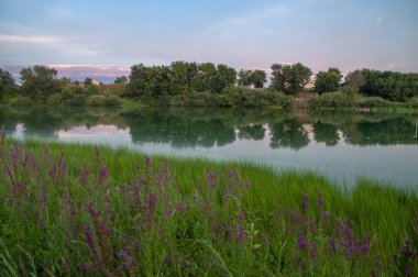 Rusya 'nın Samara bölgesindeki küçük nehrin kıyısında sakin bir akşam.