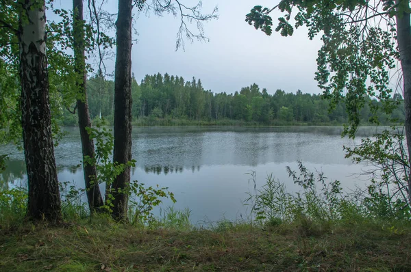 ロシアのバシコルトスタン北部の野生の森の湖の近くの穏やかな朝 — ストック写真