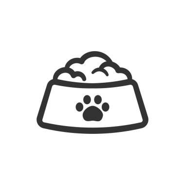 Köpek, kedi, hayvan ya da bir kase dolusu yemek karikatürü çizimi. Basit siyah-beyaz düz vektör çizimi tasarımı.
