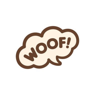 Woof! text in a speech bubble balloon. Cartoon comics dog bark sound effect and lettering. Simple flat vector illustration design on white background. clipart